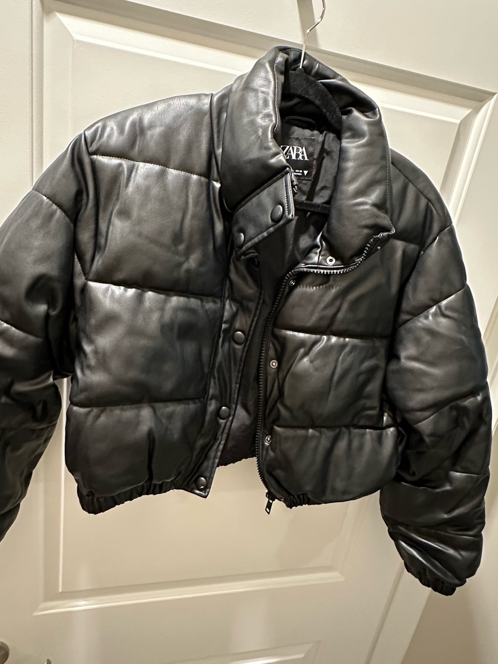 ZARA Black Faux Leather Cropped Puffer Jacket